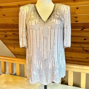 Vintage 80s Judith Ann Creations Beaded Blush Pink Pure Silk Blouse Size S